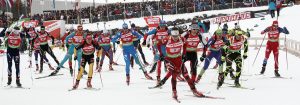 Athletes start the race in the men's 4x7.5km relay at the Biathlon World Cup in Hochfilzen, December 11, 2011. REUTERS/Heinz-Peter Bader (AUSTRIA - Tags: SPORT BIATHLON)